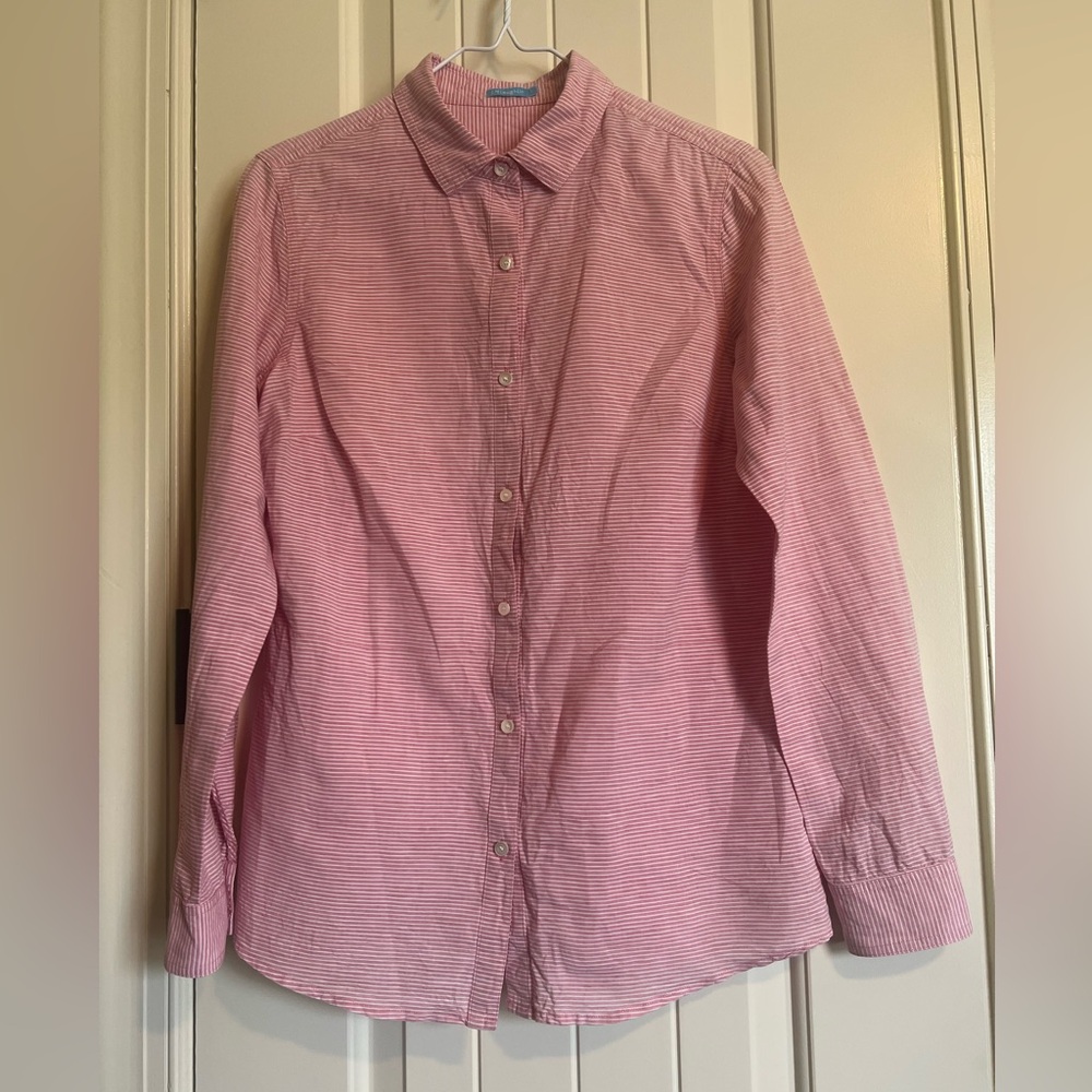 J. McLaughlin Cotton Linen Blend Long Sleeve Pink White Stripe Button Down Small